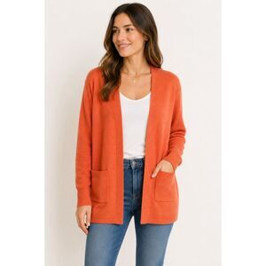 New Tasamo Women Coral Open Front Knit Cardigan Draped Long Sleeve Pockets M